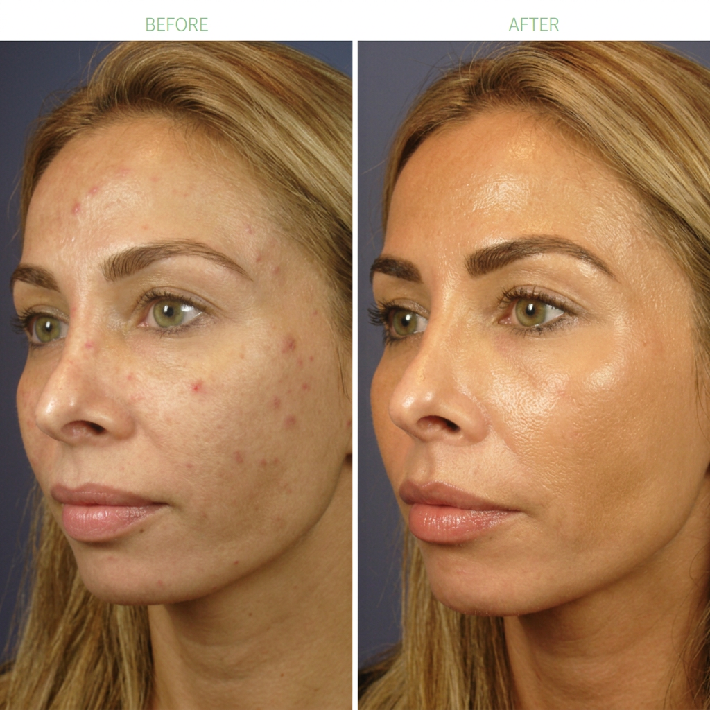 Illustrative side-by-side view of acne-prone skin before a chemical peel and clearer-looking skin afterward