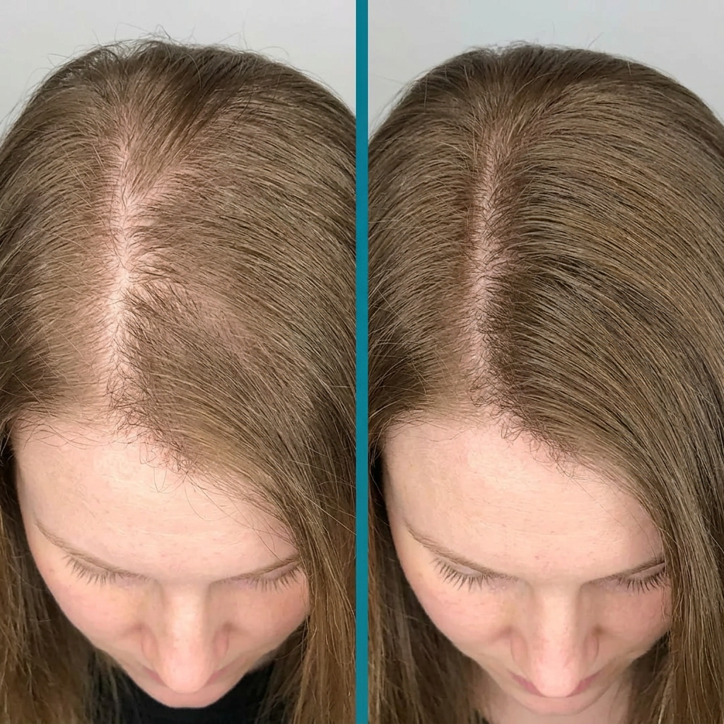 Side-by-side PRP hair restoration comparison showing fuller-looking light-brown hair