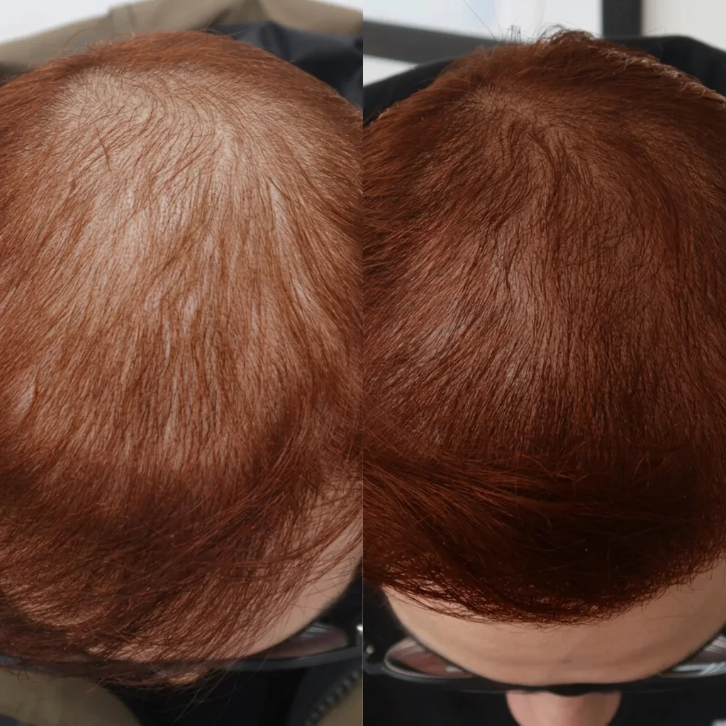 Side-by-side PRP hair restoration comparison showing fuller-looking auburn-red hair
