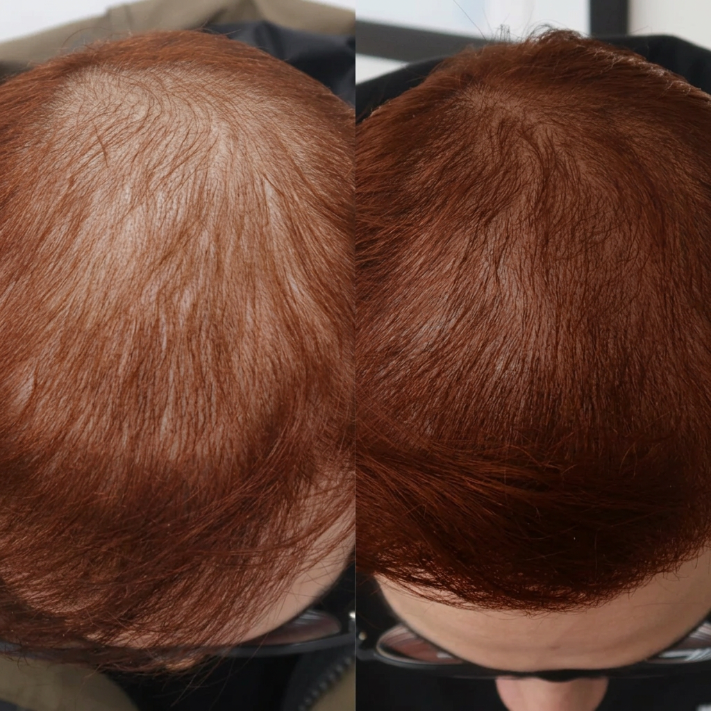 Side-by-side PRP hair restoration comparison showing fuller-looking auburn-red hair